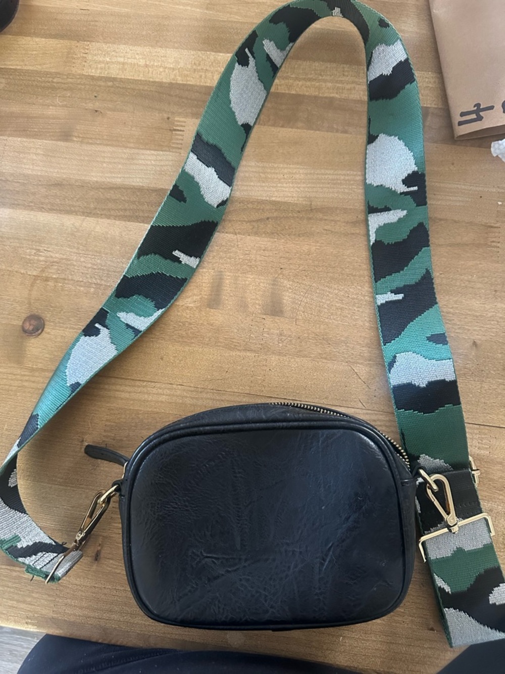 Black Leather Crossbody Bag with Green Camo Strap